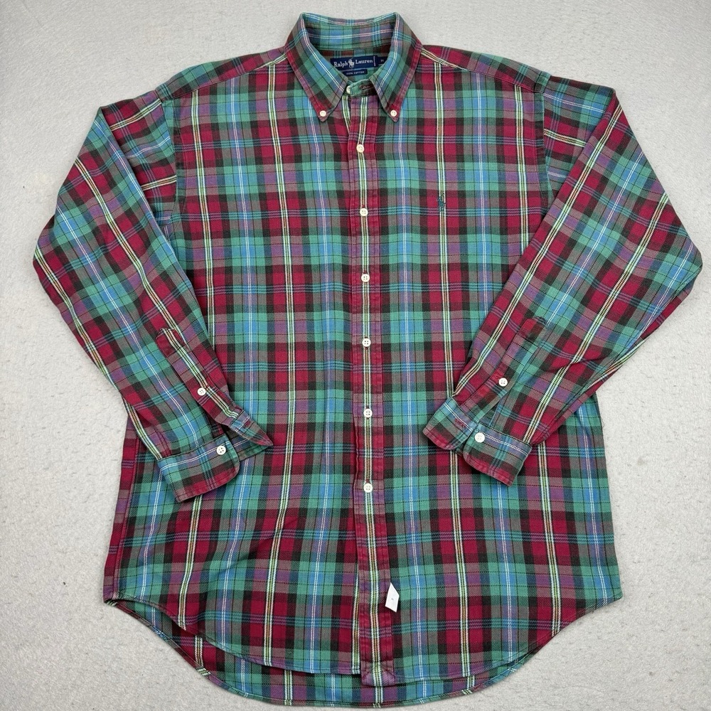 Ralph Lauren Shirt Men's Medium Red Green Plaid Button Down Heavy Cotton Outdoor
